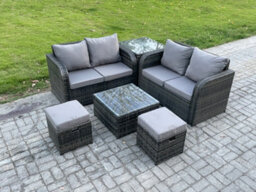 Fimous Rattan Sofa Set Outdoor Garden Furniture Set With Square Coffee Table Loveseat Sofa 2 Small Footstool Side Table - thumbnail 1