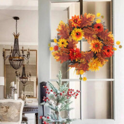 Living And Home Autumn Christmas Wreath Daisy Maple Leaf Hanging Decoration 55 Cm - thumbnail 5