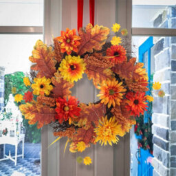 Living And Home Autumn Christmas Wreath Daisy Maple Leaf Hanging Decoration 55 Cm - thumbnail 4