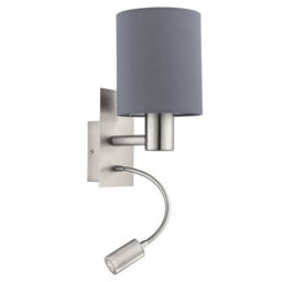 Satin Nickel Wall Light With Grey Fabric Shade And E27 Led Bulb - thumbnail 1