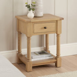 The Furniture Market Classic Whitewash Oak Bedside Table Solid Oak Frame, Hand Turned Legs, Large Drawer, Lower Shelf Bedroom Side, Lamp Table - thumbnail 3