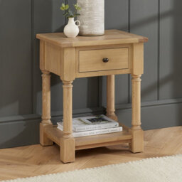 The Furniture Market Classic Whitewash Oak Bedside Table Solid Oak Frame, Hand Turned Legs, Large Drawer, Lower Shelf Bedroom Side, Lamp Table - thumbnail 1