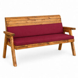 Samuel Alexander Hand Made 3 Seater Chunky Rustic Wooden Garden Bench & Waterproof Burgundy Cushions - thumbnail 5