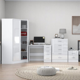 Reflect 2 Door Corner Wardrobe, 5 Drawer Chest, 2 Drawer Bedside & Desk - White Gloss & Matt White - Bedroom Furniture Set - thumbnail 4