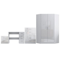 Reflect 2 Door Corner Wardrobe, 5 Drawer Chest, 2 Drawer Bedside & Desk - White Gloss & Matt White - Bedroom Furniture Set - thumbnail 5