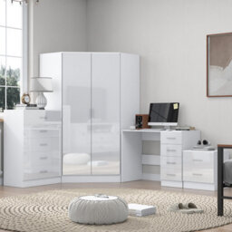 Reflect 2 Door Corner Wardrobe, 5 Drawer Chest, 2 Drawer Bedside & Desk - White Gloss & Matt White - Bedroom Furniture Set