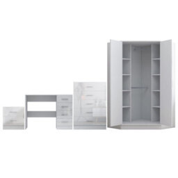 Reflect 2 Door Corner Wardrobe, 5 Drawer Chest, 2 Drawer Bedside & Desk - White Gloss & Matt White - Bedroom Furniture Set - thumbnail 6