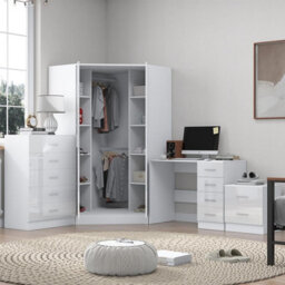 Reflect 2 Door Corner Wardrobe, 5 Drawer Chest, 2 Drawer Bedside & Desk - White Gloss & Matt White - Bedroom Furniture Set - thumbnail 2