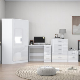 Reflect 2 Door Corner Wardrobe, 5 Drawer Chest, 2 Drawer Bedside & Desk - White Gloss & Matt White - Bedroom Furniture Set - thumbnail 3