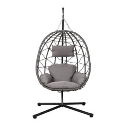 Thehotsale Grey Hanging Chair Garden Swing Egg-Shaped Chair With Black Stand And Dark Grey Cushion, Indoor And Outdoor Use - thumbnail 1