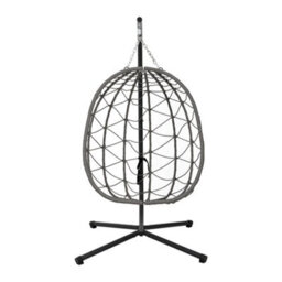 Thehotsale Grey Hanging Chair Garden Swing Egg-Shaped Chair With Black Stand And Dark Grey Cushion, Indoor And Outdoor Use - thumbnail 4