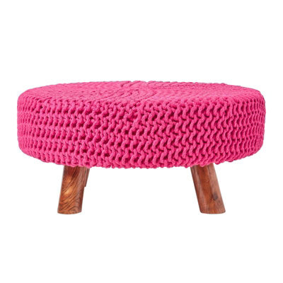 Homescapes Hot Pink Large Round Cotton Knitted Footstool On Legs - image 1