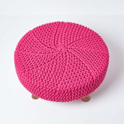 Homescapes Hot Pink Large Round Cotton Knitted Footstool On Legs - thumbnail 3