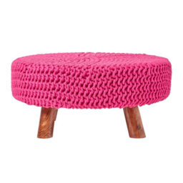 Homescapes Hot Pink Large Round Cotton Knitted Footstool On Legs