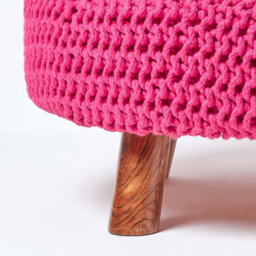 Homescapes Hot Pink Large Round Cotton Knitted Footstool On Legs - thumbnail 4