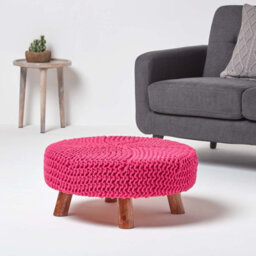 Homescapes Hot Pink Large Round Cotton Knitted Footstool On Legs - thumbnail 2