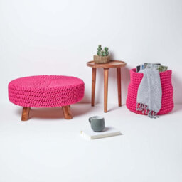 Homescapes Hot Pink Large Round Cotton Knitted Footstool On Legs - thumbnail 6