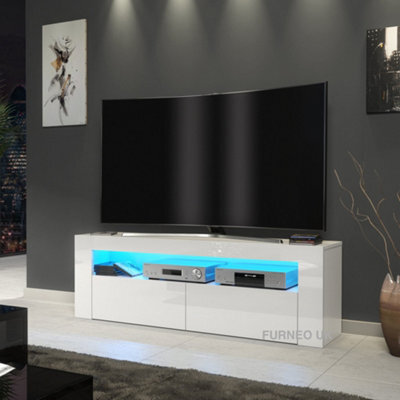 Furneo White Tv Stand 125Cm Cabinet Unit High Gloss & Matt Clifton 03 Blue Led Lights - image 1