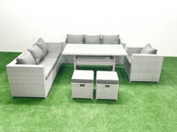 Fimous 6 Pieces Outdoor Rattan Sofa Set Cushions Patio Garden Furniture Sets Armchair Dining Table 2 Small Stools - thumbnail 2