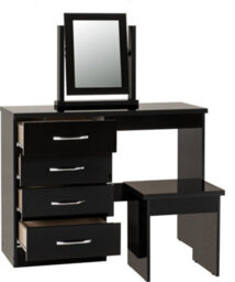 Seconique Nevada 4 Drawer Dressing Table Set Mirror Stool In Black Gloss Finish - thumbnail 2