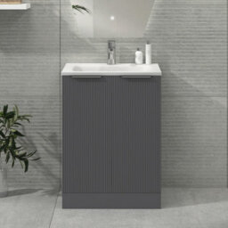 Royal Bathrooms Evora 600mm Graphite Grey Fluted Floor Standing Bathroom Vanity Unit 2 Door Cabinet Storage With Stone Basin Sink - 1 Tap Hole