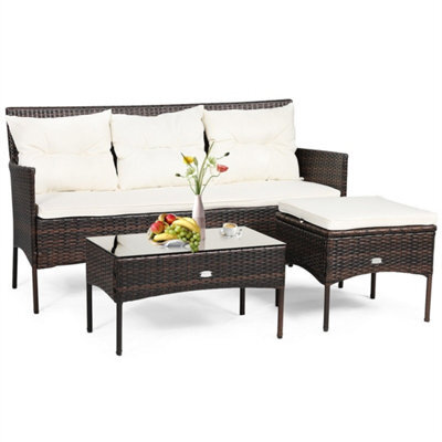 3 Piece Outdoor Wicker Sofa Set With Cushions Tempered Glass Coffee Table - image 1