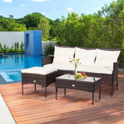 3 Piece Outdoor Wicker Sofa Set With Cushions Tempered Glass Coffee Table - thumbnail 3