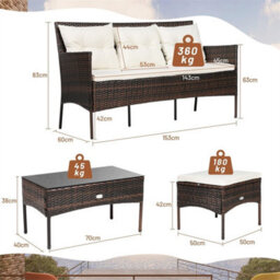 3 Piece Outdoor Wicker Sofa Set With Cushions Tempered Glass Coffee Table - thumbnail 2