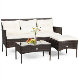 3 Piece Outdoor Wicker Sofa Set With Cushions Tempered Glass Coffee Table - thumbnail 1