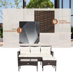 3 Piece Outdoor Wicker Sofa Set With Cushions Tempered Glass Coffee Table - thumbnail 4