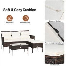 3 Piece Outdoor Wicker Sofa Set With Cushions Tempered Glass Coffee Table - thumbnail 6