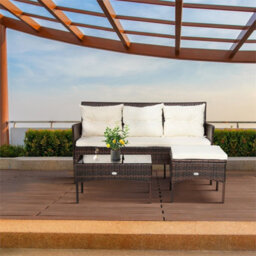 3 Piece Outdoor Wicker Sofa Set With Cushions Tempered Glass Coffee Table - thumbnail 5