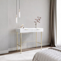 CARME Home Maya White Dressing Table - Drawers With Ribbed Front Finish And Grey Velvet Lining.