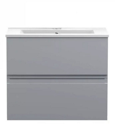 D Pro T Bathrooms 800mm Vanity Unit Gloss Light Grey Wall Hung Bathroom Cabinet With Soft Close Storage & Ceramic Basin - image 1