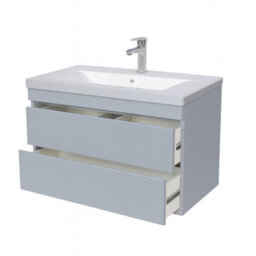 D Pro T Bathrooms 800mm Vanity Unit Gloss Light Grey Wall Hung Bathroom Cabinet With Soft Close Storage & Ceramic Basin - thumbnail 4