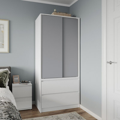 Urbn-Living Urbnliving 2 Sliding Doors Wardrobe 2 Drawer Bedroom Clothes Hanging Rail White Carcass With Grey Doors Storage Cupboard - image 1