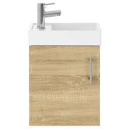Nuie Vault 400mm Wall-Hung Cloakroom Vanity Unit & Vitreous China Basin - Light Wood, Soft-Close - thumbnail 1