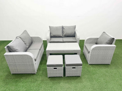 Fimous High Back Poly Rattan Garden Furniture Set Reclining Chair Loveseat Sofa Oblong Coffee Table Set 2 Stool Light Grey - image 1