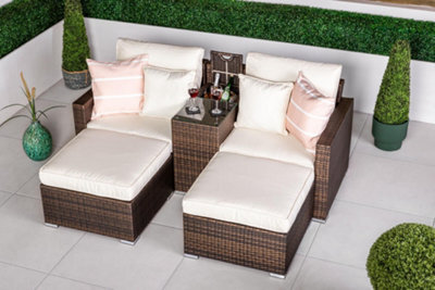 Giardino Havana 2 Seat Modular Sofa Rattan Garden Balcony Furniture Set Outdoor Drinks Cooler Table & 2 Ottomans - Brown - image 1