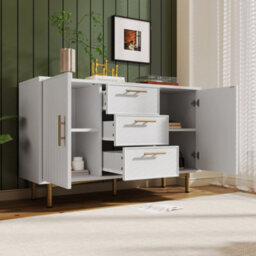 Btm Sideboard Cabinet For Living Room Chest Of Drawers With With 2 Doors And 3 Drawers Adjustable Shelf, White - thumbnail 4