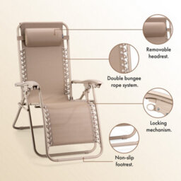 Vonhaus Zero Gravity Chairs Set Of 2, Taupe Reclining Sun Loungers For Garden, Textilene Folding Garden Chairs, Removable Headrest - thumbnail 6