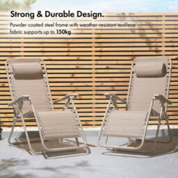 Vonhaus Zero Gravity Chairs Set Of 2, Taupe Reclining Sun Loungers For Garden, Textilene Folding Garden Chairs, Removable Headrest - thumbnail 3