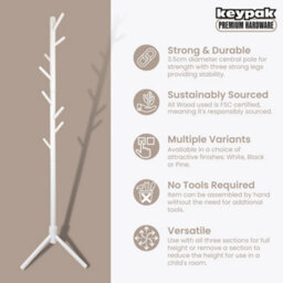 Keypak Wooden Coat Stand, 170Cm Clothes Jacket Hanger Coat Tree, Ideal For Hallway - White - thumbnail 2