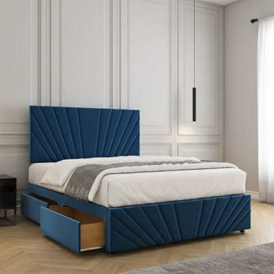 REGIONAL FURNISHINGS Blue Plush Velvet Luxury Divan Bed Set 24Inch Headboard & Footboard & Mattress No Drawers In 3Ft 4Ft 4Ft6 5Ft 6Ft Sizes - image 1