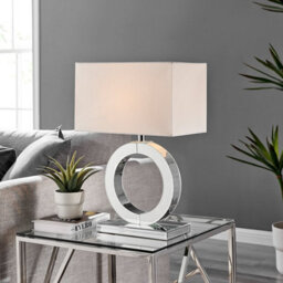 Furniturebox Chloe Mirrored Halo Shaped Table Lamp Light And Chic White Fabric Shade Including A Rated Energy Efficient Led Bulb