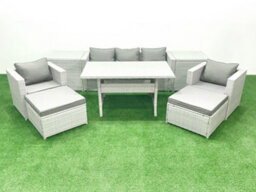 Fimous Garden Dining Set Outdoor Rattan Furniture Set Sofa Dining Table 2 Chairs 2 Big Stools 2 Side Tables Light Grey - thumbnail 2