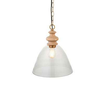 Luminosa Lighting Luminosa Cotswold Dome Pendant Ceiling Light Natural Ash, Brushed Aged Brass Plate, Clear Glass , 1X E27 - image 1