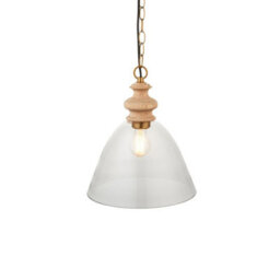 Luminosa Lighting Luminosa Cotswold Dome Pendant Ceiling Light Natural Ash, Brushed Aged Brass Plate, Clear Glass , 1X E27 - thumbnail 1