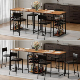 Set Of 3 Bar Table Set With 4-Tier Storage Shelves & Wine Rack Counter Height Dining Table W/ 2 Upholstered Chairs - thumbnail 5