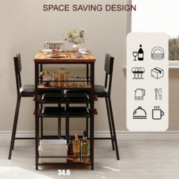 Set Of 3 Bar Table Set With 4-Tier Storage Shelves & Wine Rack Counter Height Dining Table W/ 2 Upholstered Chairs - thumbnail 4